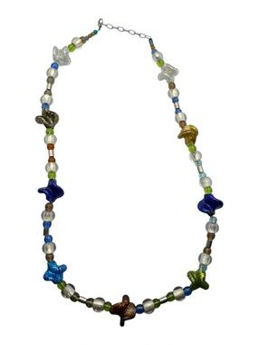 Murano Style Foil Glass Butterfly Bead Multicolor Necklace Silver Clasp